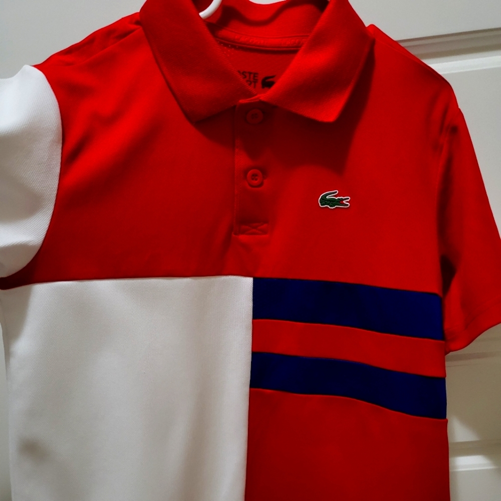 Lacost boy's dry fit red, white, and blue polo size 10